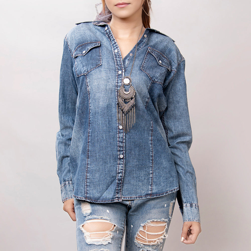 American Darling Leather Hand Tooled Carved Women Denim Shirt Jacket