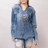 American Darling Leather Hand Tooled Carved Women Denim Shirt Jacket