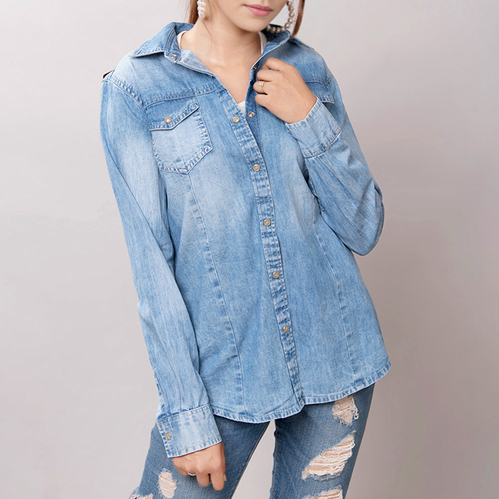 American Darling Leather Hand Tooled Carved Women Denim Shirt Jacket
