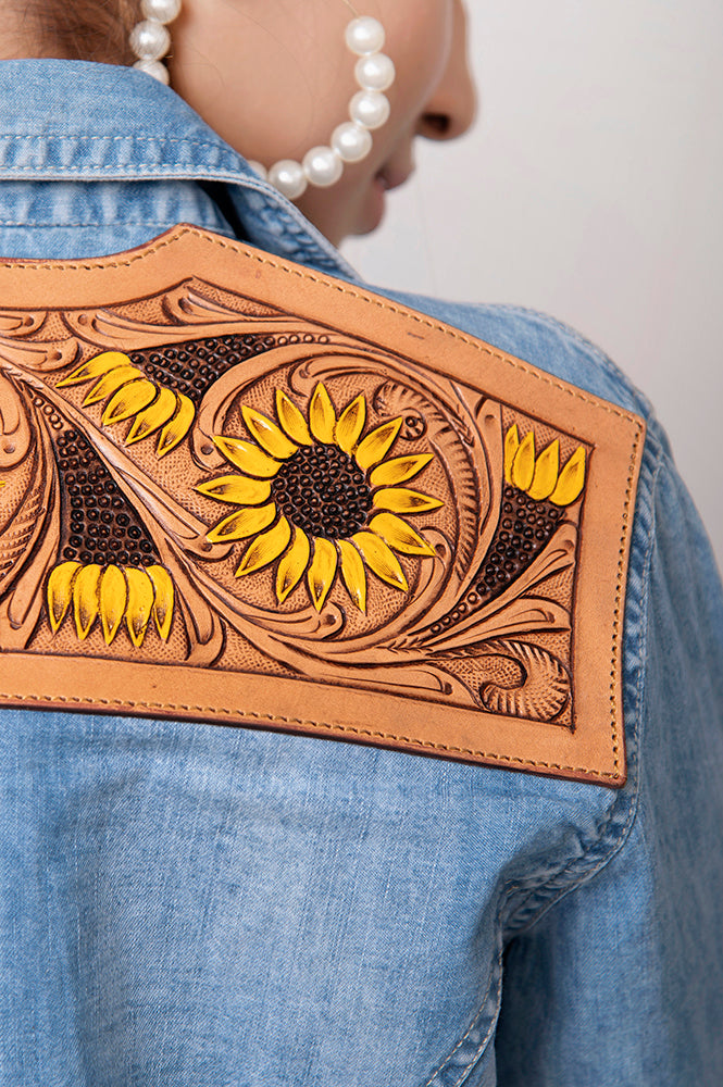American Darling Leather Hand Tooled Carved Women Denim Shirt Jacket