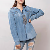 American Darling Leather Hand Tooled Carved Women Denim Shirt Jacket