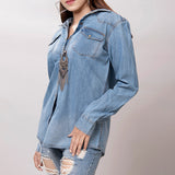 American Darling Leather Hand Tooled Carved Women Denim Shirt Jacket