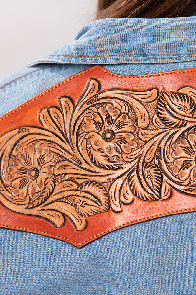 American Darling Genuine leather Hand tooled carved Women 100% cotton Denim Blazer dress jacket ladies | Vintage