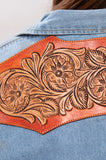 American Darling Leather Hand Tooled Carved Women Denim Shirt Jacket