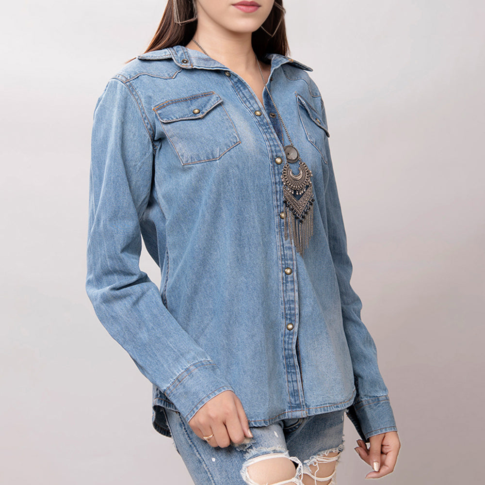 American Darling Leather Hand Tooled Carved Women Denim Shirt Jacket