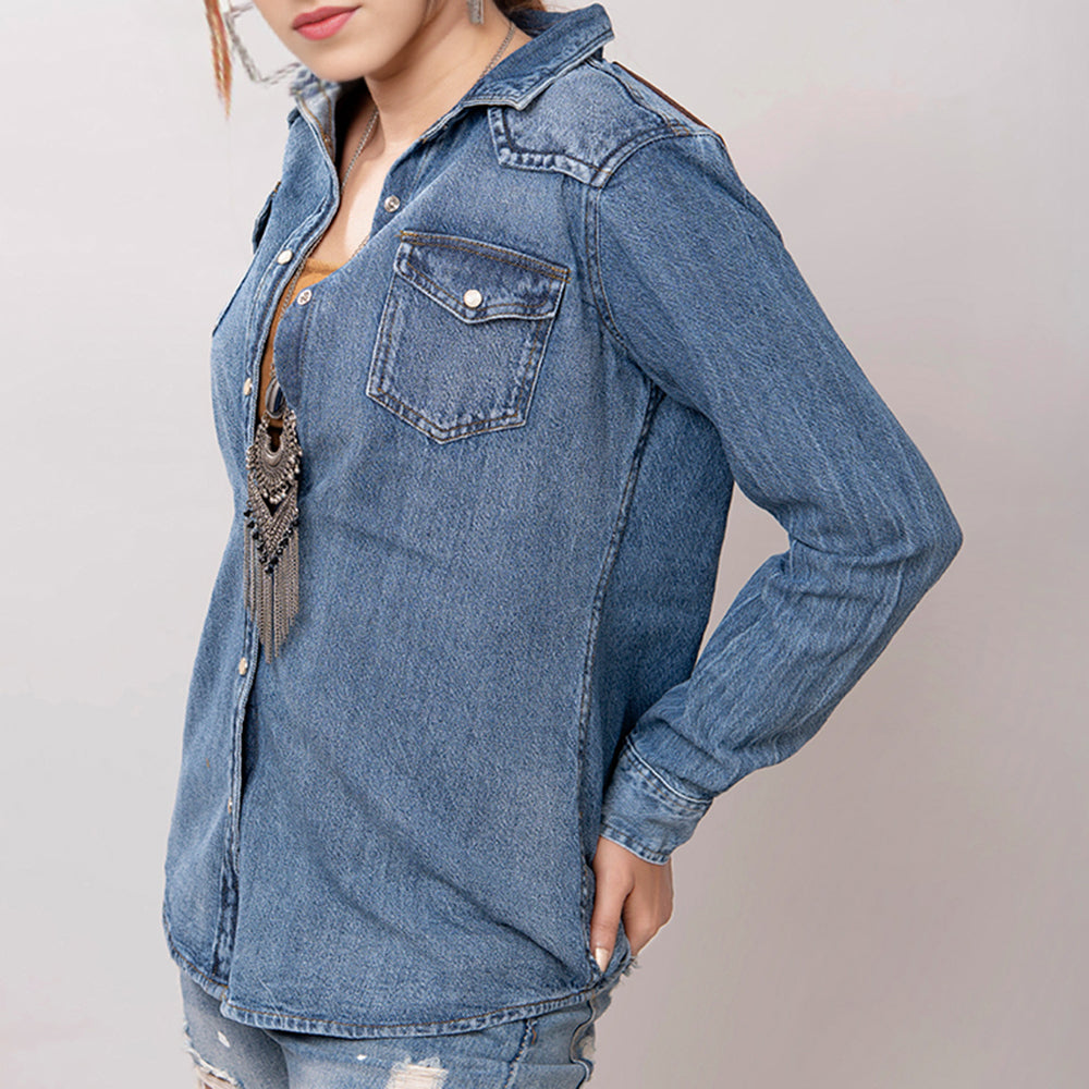 American Darling Leather Hand Tooled Carved Women Denim Shirt Jacket