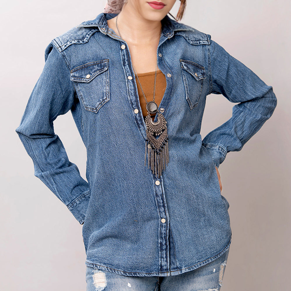 American Darling Leather Hand Tooled Carved Women Denim Shirt Jacket