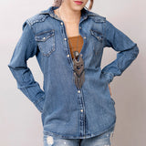 American Darling Leather Hand Tooled Carved Women Denim Shirt Jacket