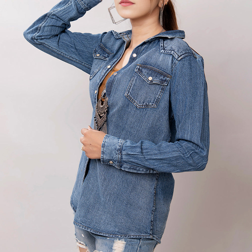 American Darling Leather Hand Tooled Carved Women Denim Shirt Jacket