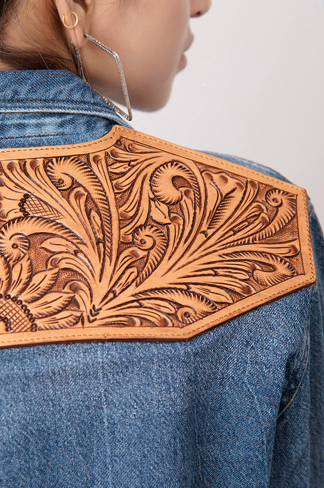 American Darling Genuine leather Hand tooled carved Women 100% cotton Denim Blazer dress jacket ladies | Vintage