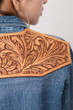 American Darling Leather Hand Tooled Carved Women Denim Shirt Jacket
