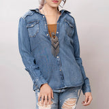 American Darling Leather Hand Tooled Carved Women Denim Shirt Jacket