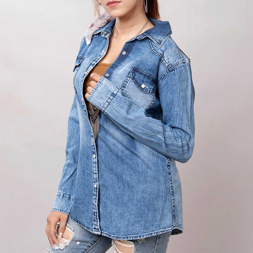 American Darling Leather Hand Tooled Carved Women Denim Shirt Jacket
