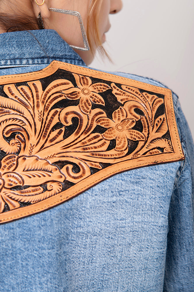 American Darling Leather Hand Tooled Carved Women Denim Shirt Jacket