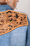 American Darling Leather Hand Tooled Carved Women Denim Shirt Jacket