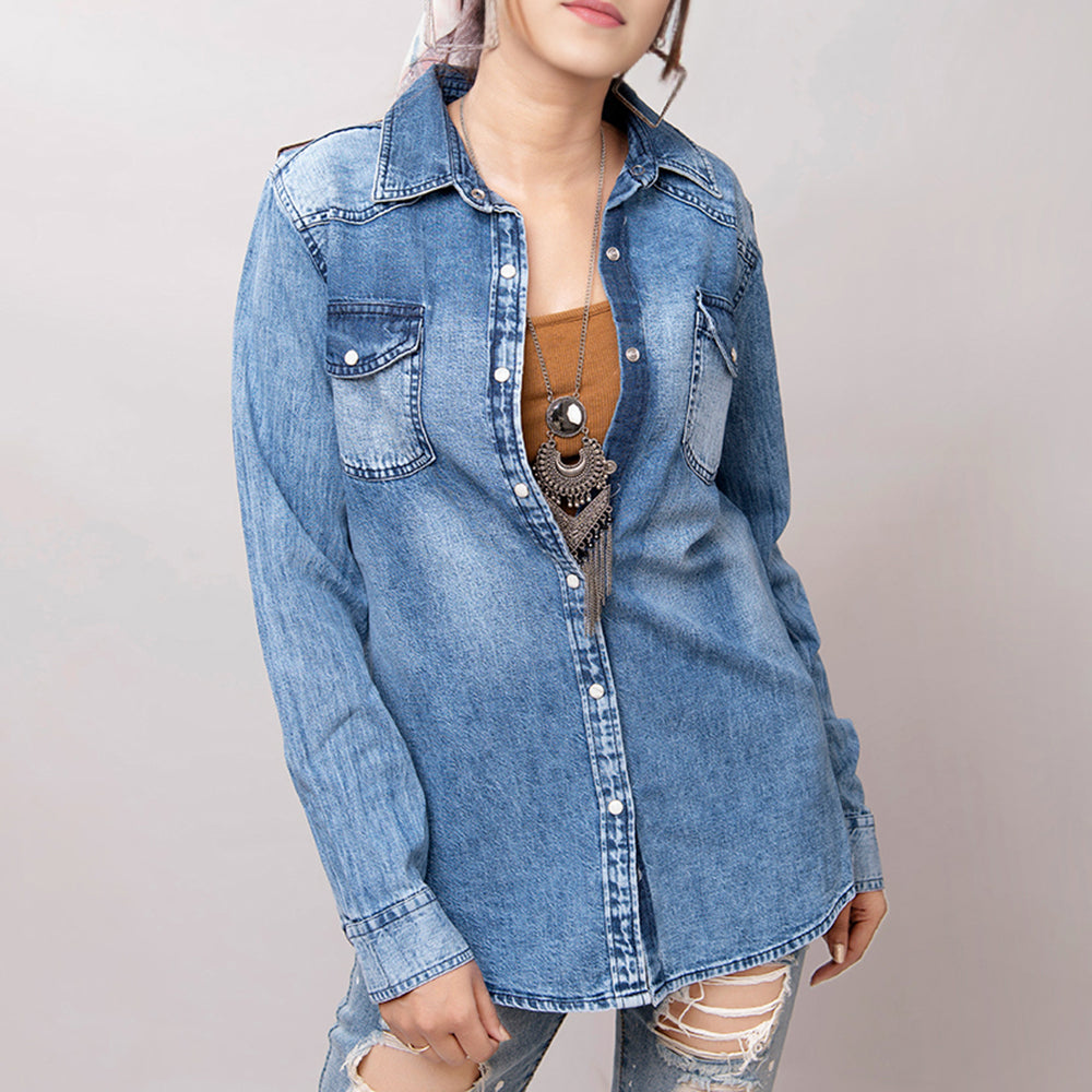 American Darling Leather Hand Tooled Carved Women Denim Shirt Jacket