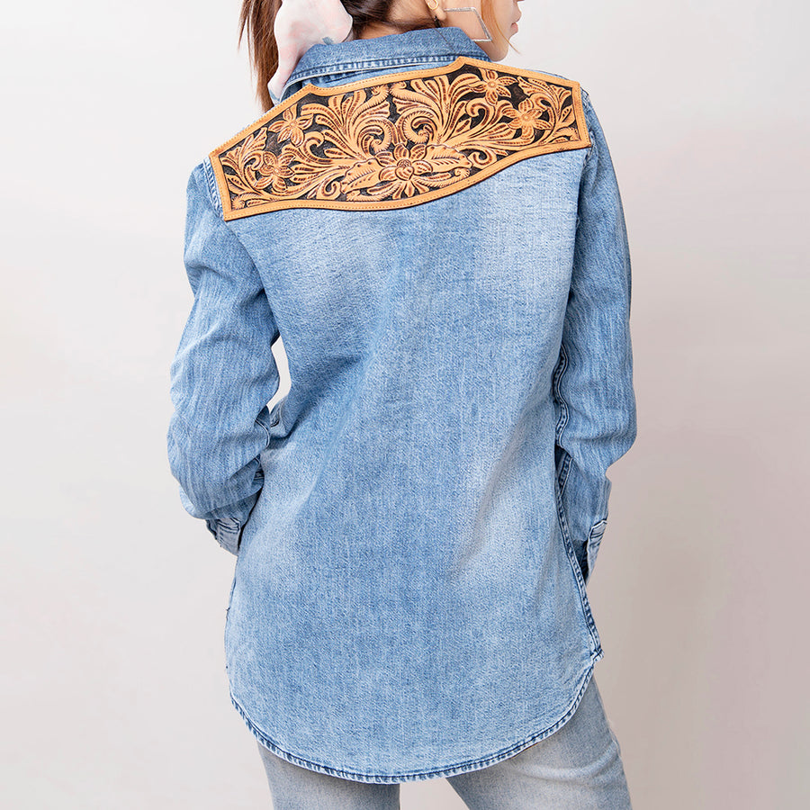 Genuine leather Hand tooled hand carved Women 100% cotton Denim shirt jacket dress ladies girl - Uhorse