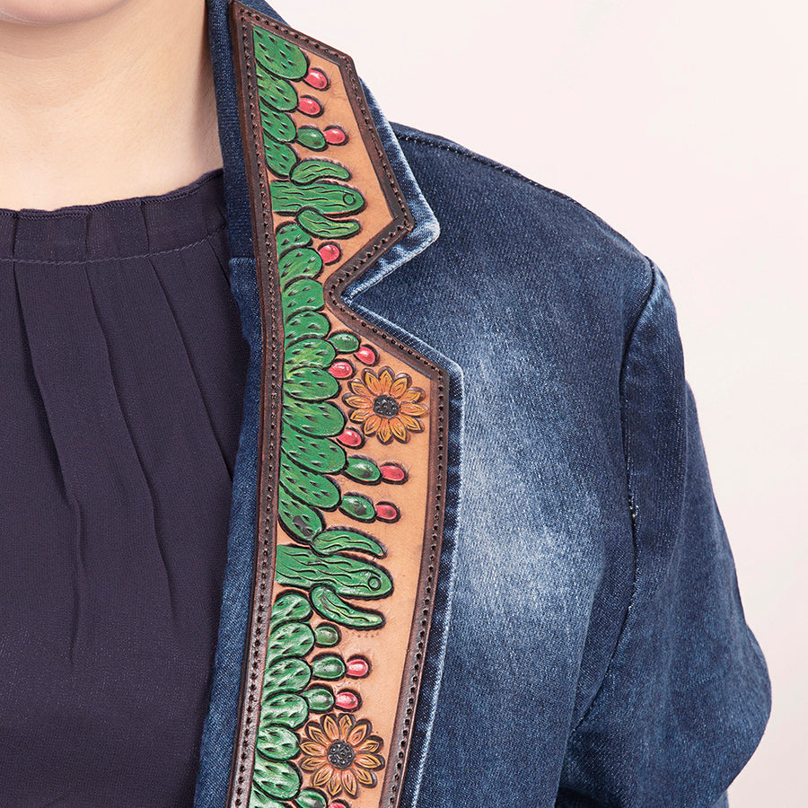 American Darling Genuine leather Hand tooled carved Women 100% cotton Denim Blazer dress jacket | Vintage