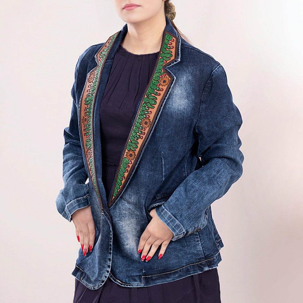 ADBZ017 Genuine leather Hand tooled hand carved Women 100% cotton Denim Blazer dress jacket ladies Girl