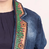 ADBZ017 Genuine leather Hand tooled hand carved Women 100% cotton Denim Blazer dress jacket ladies Girl