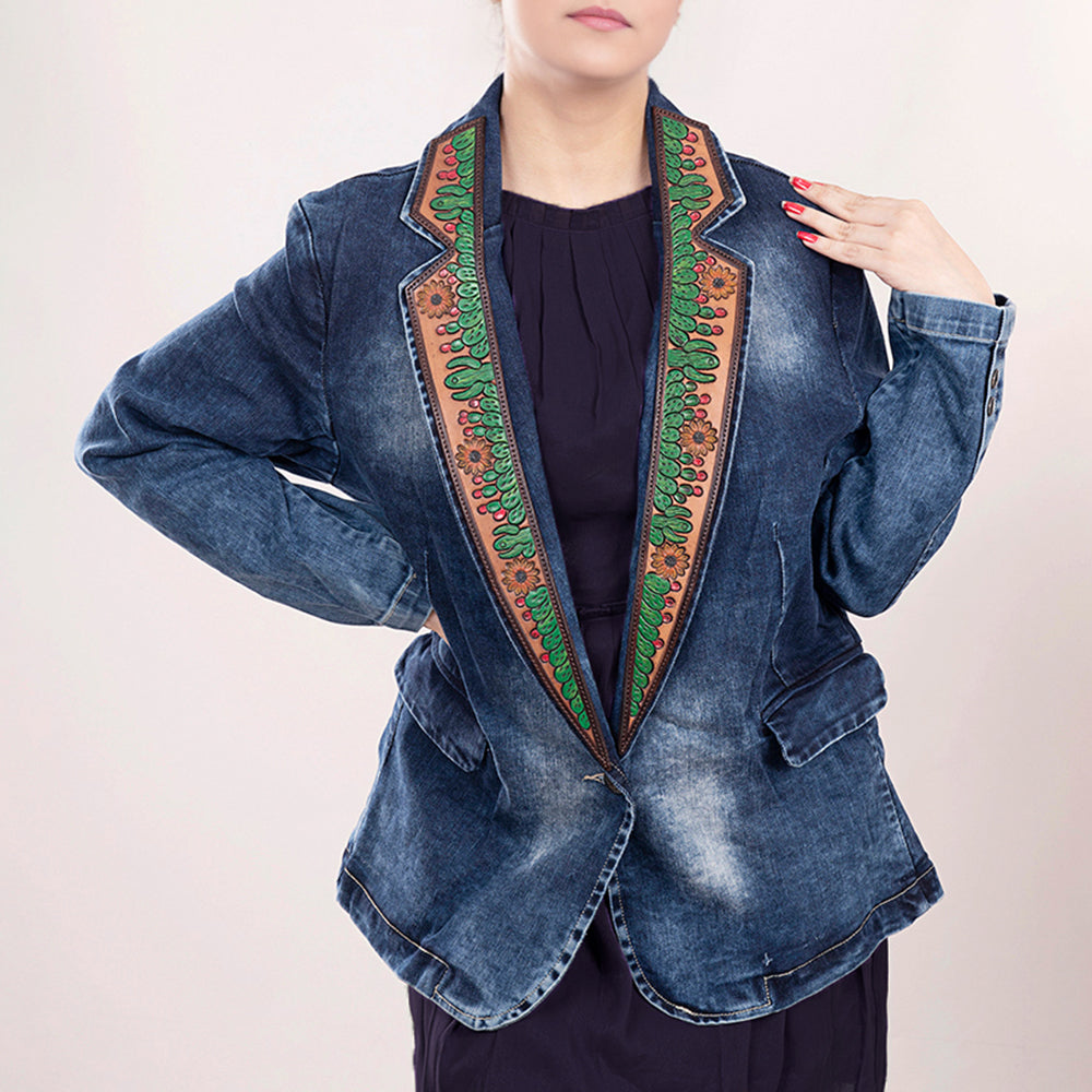 ADBZ017 Genuine leather Hand tooled hand carved Women 100% cotton Denim Blazer dress jacket ladies Girl