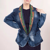 ADBZ017 Genuine leather Hand tooled hand carved Women 100% cotton Denim Blazer dress jacket ladies Girl