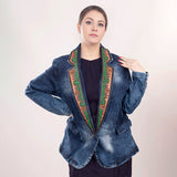 ADBZ017 Genuine leather Hand tooled hand carved Women 100% cotton Denim Blazer dress jacket ladies Girl