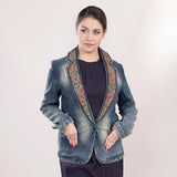 ADBZ018 Genuine leather Hand tooled hand carved Women 100% cotton Denim Blazer dress jacket ladies Girl