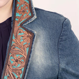 ADBZ018 Genuine leather Hand tooled hand carved Women 100% cotton Denim Blazer dress jacket ladies Girl