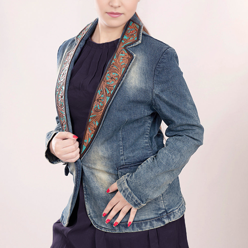 ADBZ018 Genuine leather Hand tooled hand carved Women 100% cotton Denim Blazer dress jacket ladies Girl
