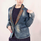 ADBZ018 Genuine leather Hand tooled hand carved Women 100% cotton Denim Blazer dress jacket ladies Girl