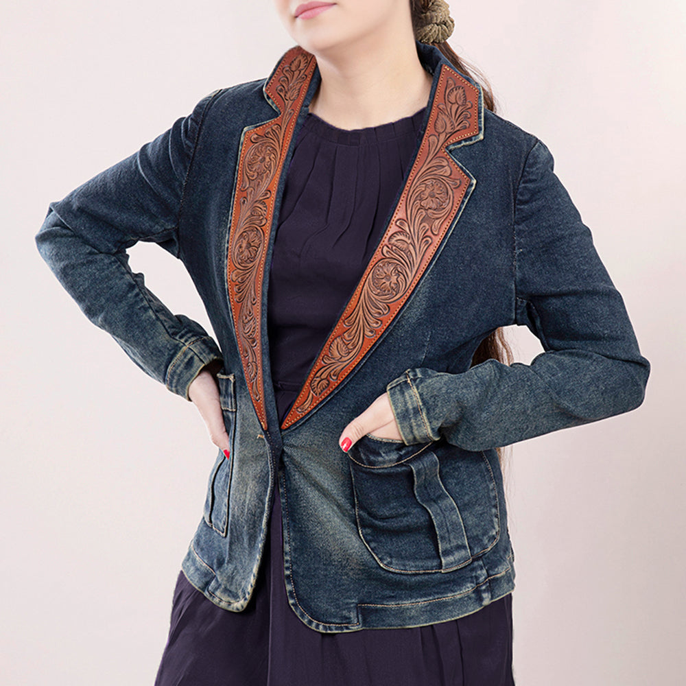 ADBZ019 Genuine leather Hand tooled hand carved Women 100% cotton Denim Blazer dress jacket ladies Girl