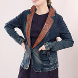 ADBZ019 Genuine leather Hand tooled hand carved Women 100% cotton Denim Blazer dress jacket ladies Girl