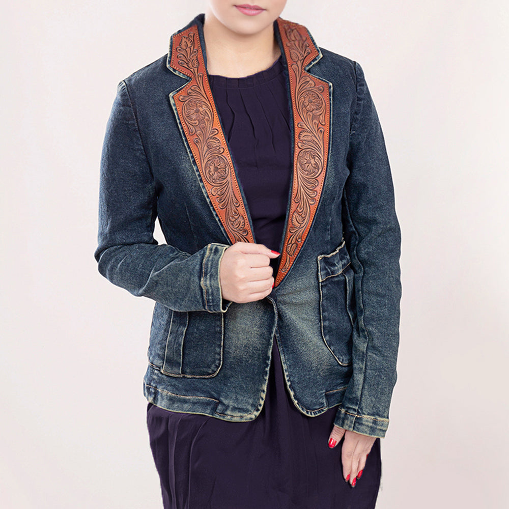 ADBZ019 Genuine leather Hand tooled hand carved Women 100% cotton Denim Blazer dress jacket ladies Girl