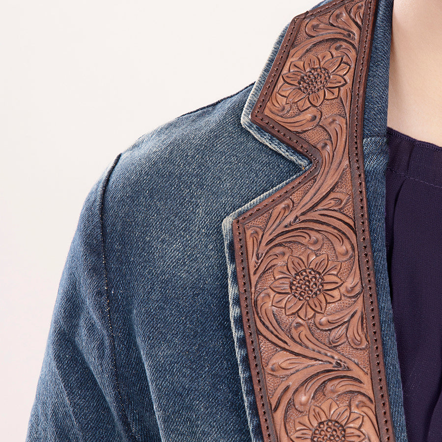 American Darling Genuine leather Hand tooled carved Women 100% cotton Denim Blazer dress jacket | Vintage