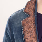 ADBZ020 Genuine leather Hand tooled hand carved Women 100% cotton Denim Blazer dress jacket ladies Girl
