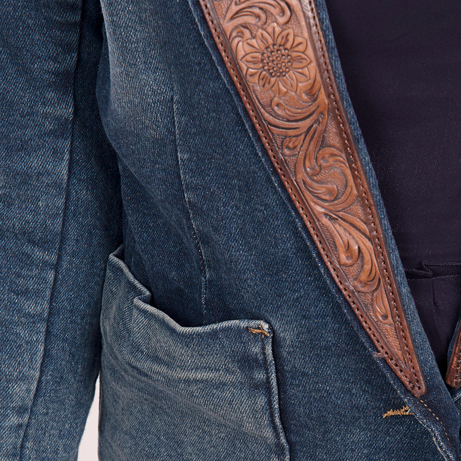 American Darling Genuine leather Hand tooled carved Women 100% cotton Denim Blazer dress jacket | Vintage
