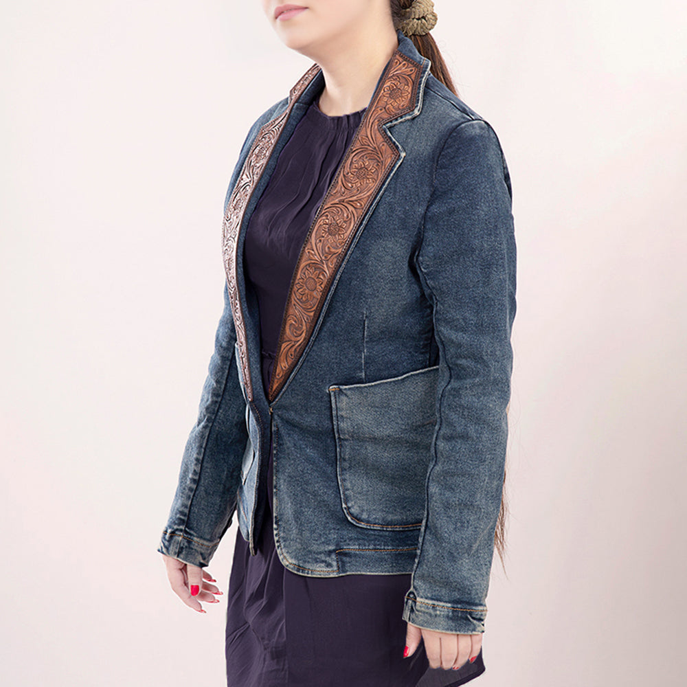 ADBZ020 Genuine leather Hand tooled hand carved Women 100% cotton Denim Blazer dress jacket ladies Girl