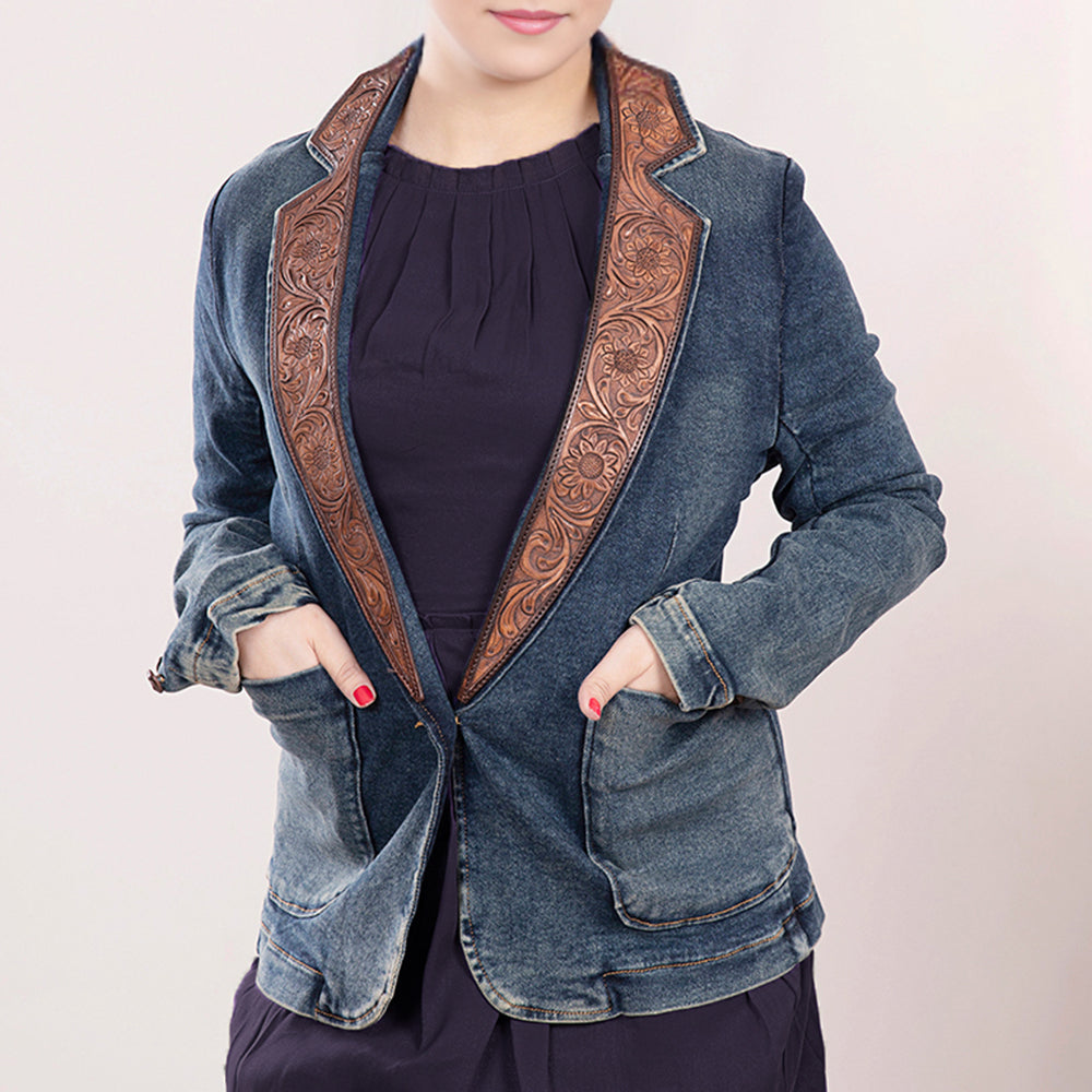 ADBZ020 Genuine leather Hand tooled hand carved Women 100% cotton Denim Blazer dress jacket ladies Girl