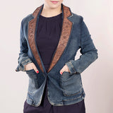 ADBZ020 Genuine leather Hand tooled hand carved Women 100% cotton Denim Blazer dress jacket ladies Girl