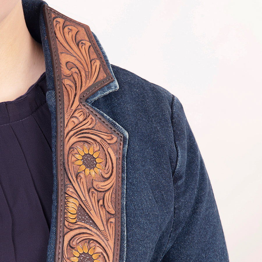 American Darling Genuine leather Hand tooled carved Women 100% cotton Denim Blazer dress jacket | Vintage