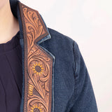 ADBZ021 Genuine leather Hand tooled hand carved Women 100% cotton Denim Blazer dress jacket ladies Girl