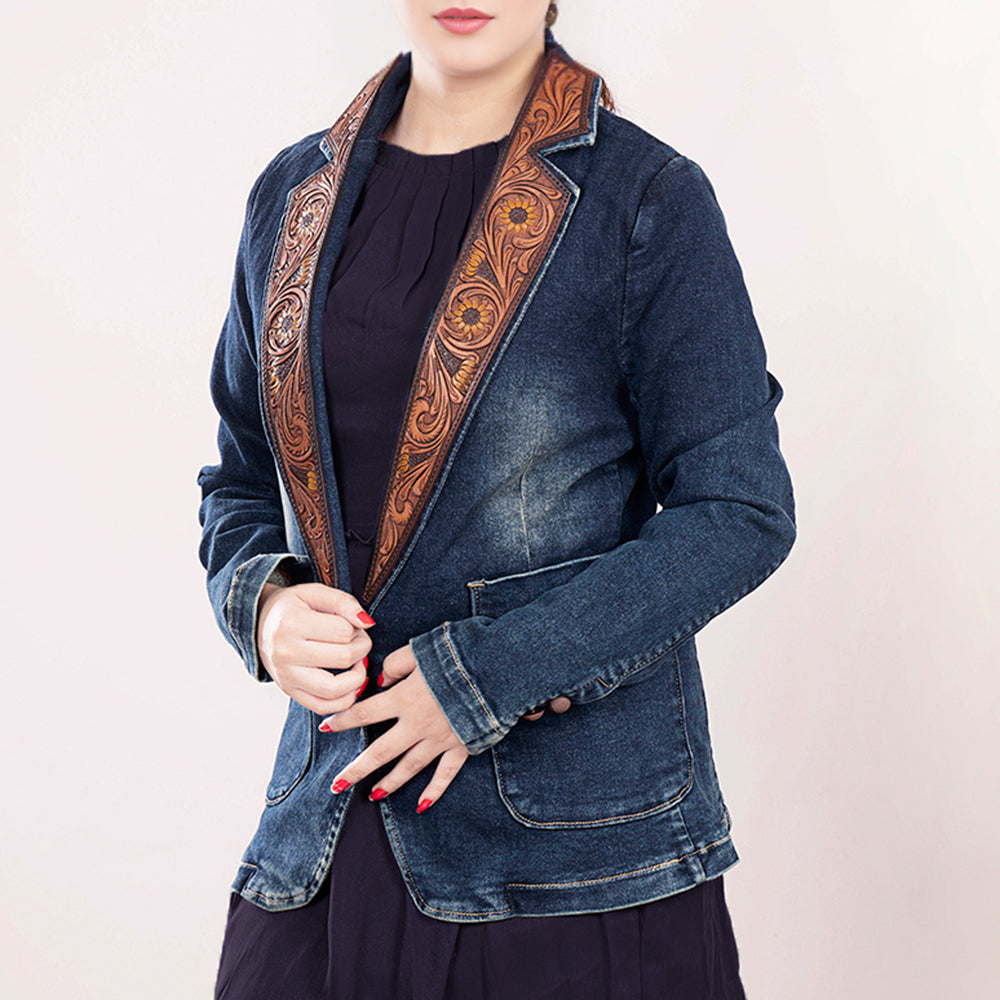 ADBZ021 Genuine leather Hand tooled hand carved Women 100% cotton Denim Blazer dress jacket ladies Girl