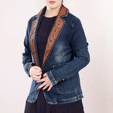 ADBZ021 Genuine leather Hand tooled hand carved Women 100% cotton Denim Blazer dress jacket ladies Girl