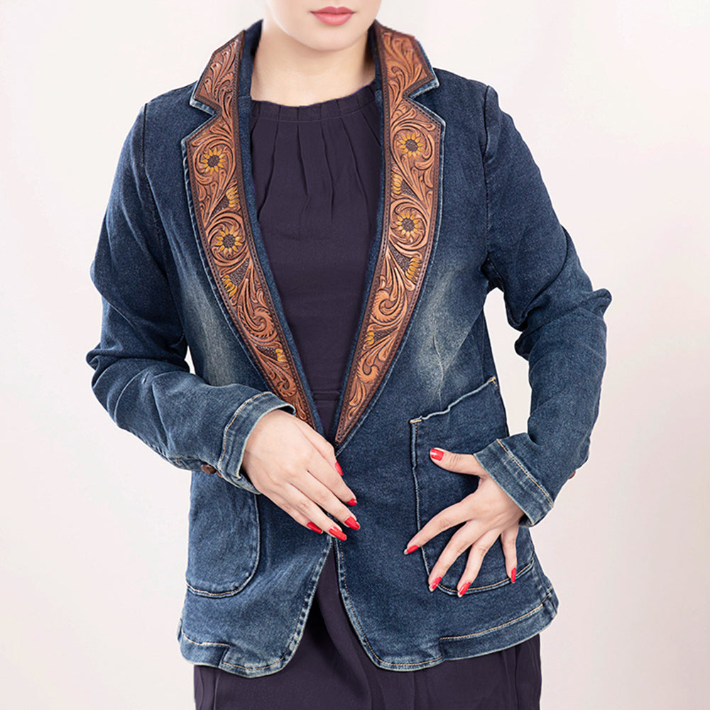 ADBZ021 Genuine leather Hand tooled hand carved Women 100% cotton Denim Blazer dress jacket ladies Girl