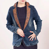 ADBZ021 Genuine leather Hand tooled hand carved Women 100% cotton Denim Blazer dress jacket ladies Girl
