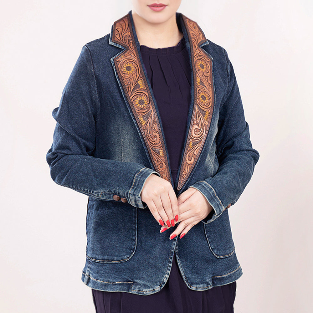 ADBZ021 Genuine leather Hand tooled hand carved Women 100% cotton Denim Blazer dress jacket ladies Girl