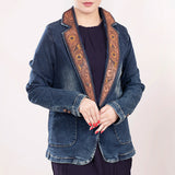 ADBZ021 Genuine leather Hand tooled hand carved Women 100% cotton Denim Blazer dress jacket ladies Girl