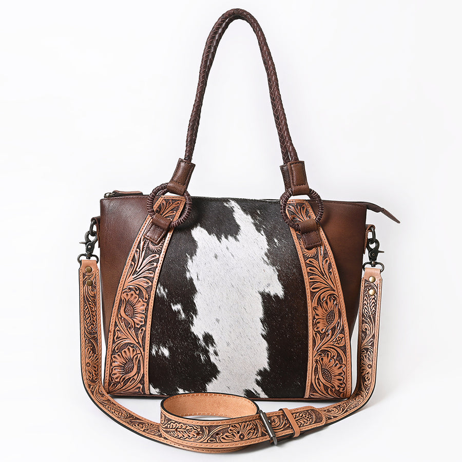 American Darling Hair-On Cowhide Tote Bag, Hand-Tooled Floral Western Leather Purse, Buck Stitched, 10in (H) X 13.5in (W) X 4in (D)