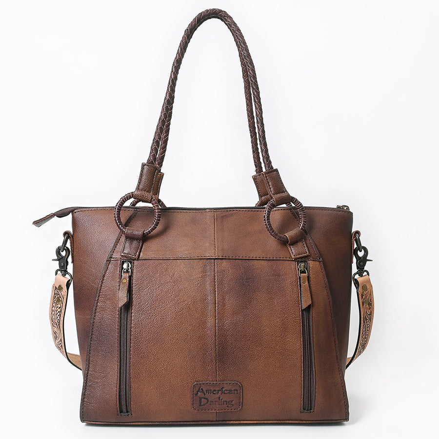 American Darling Hair-On Cowhide Tote Bag, Hand-Tooled Floral Western Leather Purse, Buck Stitched, 10in (H) X 13.5in (W) X 4in (D)